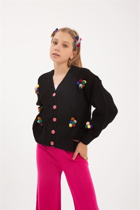 Kız Çocuk İşlemeli Balon Nakışlı Siyah Triko Hırka Renkli Pantolon Saç Tokası 3'lü Takım Fuşya 6 Yaş