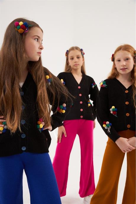 Kız Çocuk İşlemeli Balon Nakışlı Siyah Triko Hırka Renkli Pantolon Saç Tokası 3'lü Takım Fuşya 6 Yaş