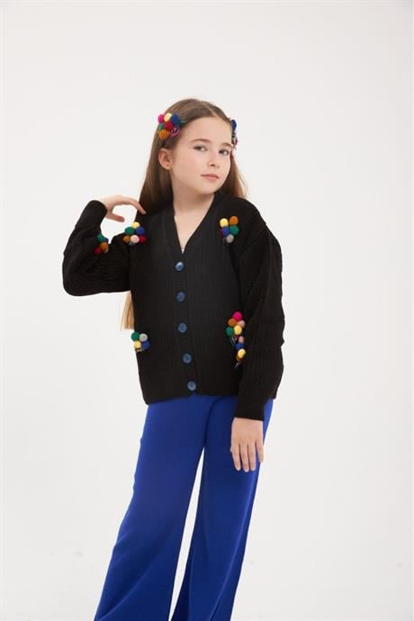 Kız Çocuk İşlemeli Balon Nakışlı Siyah Triko Hırka Renkli Pantolon Saç Tokası 3'lü Takım Saks 12 Yaş