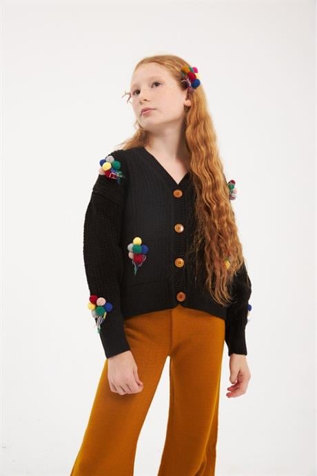 Kız Çocuk İşlemeli Balon Nakışlı Siyah Triko Hırka Renkli Pantolon Saç Tokası 3'lü Takım Hardal 10 Yaş