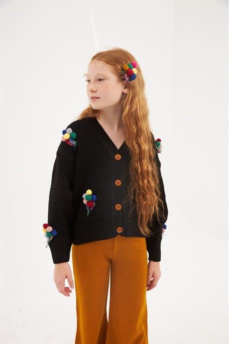 Kız Çocuk İşlemeli Balon Nakışlı Siyah Triko Hırka Renkli Pantolon Saç Tokası 3'lü Takım Hardal 12 Yaş