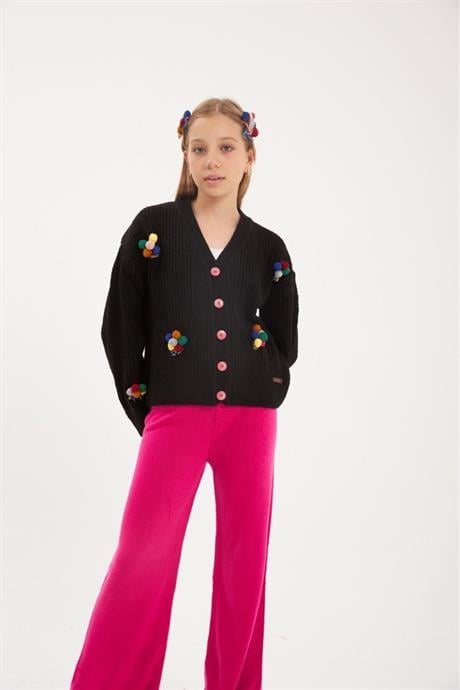 Kız Çocuk İşlemeli Balon Nakışlı Siyah Triko Hırka Renkli Pantolon Saç Tokası 3'lü Takım Fuşya 6 Yaş
