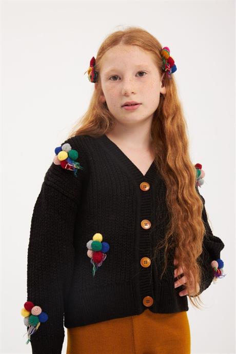 Kız Çocuk İşlemeli Balon Nakışlı Siyah Triko Hırka Renkli Pantolon Saç Tokası 3'lü Takım Hardal 4 Yaş