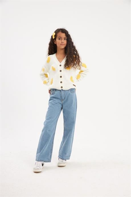 Kız Çocuk İşlemeli Limon Motifli triko Hırka Geniş Paça Kot Pantolon Saç Tokası 3'lü Takım Beyaz 6 Yaş