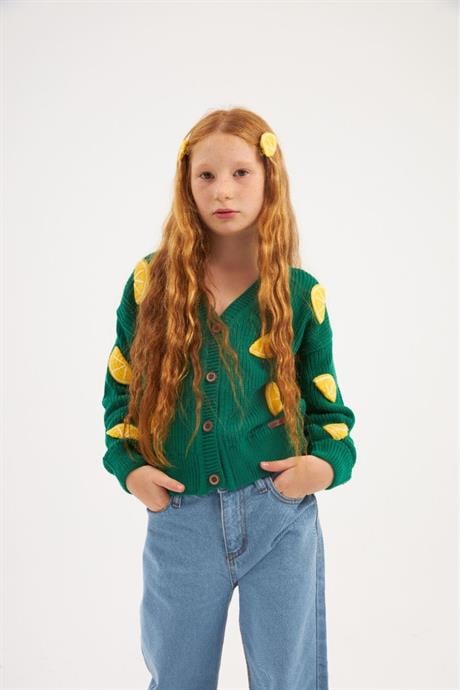 Kız Çocuk İşlemeli Limon Motifli triko Hırka Geniş Paça Kot Pantolon Saç Tokası 3'lü Takım Yeşil 10 Yaş