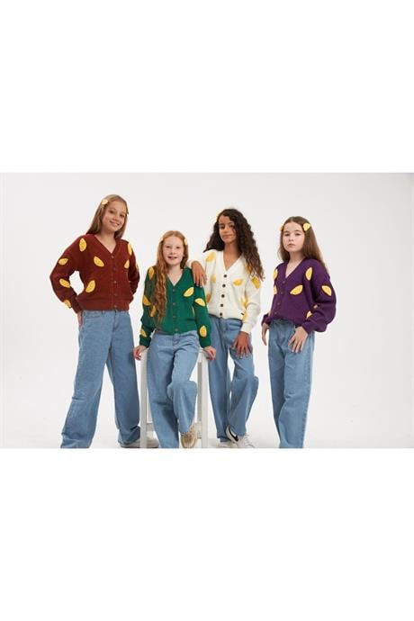 Kız Çocuk İşlemeli Limon Motifli triko Hırka Geniş Paça Kot Pantolon Saç Tokası 3'lü Takım Mor 8 Yaş