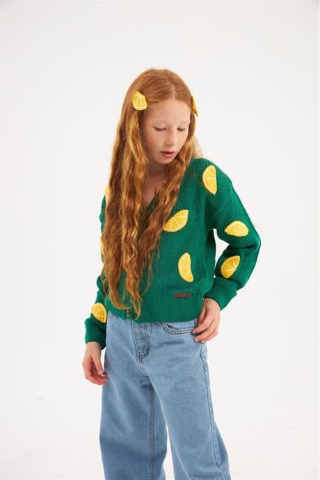 Kız Çocuk İşlemeli Limon Motifli triko Hırka Geniş Paça Kot Pantolon Saç Tokası 3'lü Takım Yeşil 12 Yaş