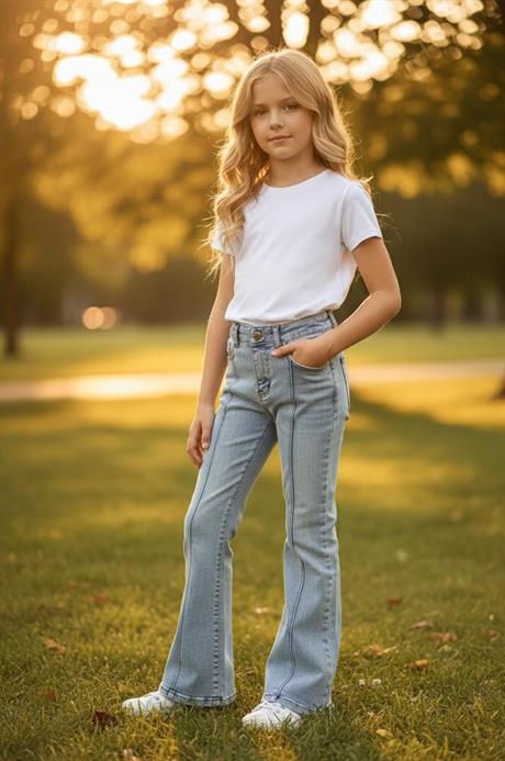 Kız Çocuk İspanyol Paça Kot Pantolon Mavi 8 Yaş