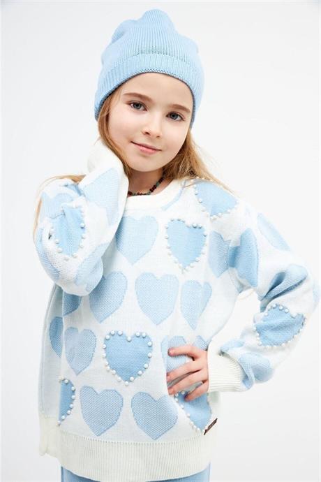 Kız Çocuk Kalpli Model Boncuk Detaylı Kazak Triko Pantolon Bere 3'lü Takım Mavi 4 Yaş
