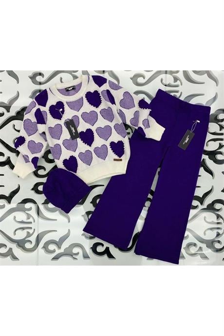 Kız Çocuk Kalpli Model Boncuk Detaylı Kazak Triko Pantolon Bere 3'lü Takım Mor 4 Yaş
