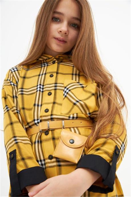 Kız Çocuk Kapüşonlu Çanta Kemerli Elbise Sarı 12 Yaş