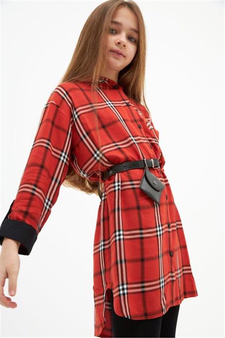 Kız Çocuk Kapüşonlu Çanta Kemerli Elbise Kiremit 6 Yaş