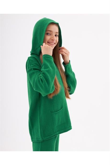 Kız Çocuk Kapüşonlu Cepli Sweatshirt Triko Pantolon 2'li Takım Yeşil 14 Yaş