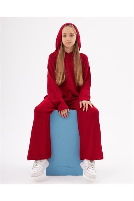 Kız Çocuk Kapüşonlu Cepli Sweatshirt Triko Pantolon 2'li Takım Kırmızı 10 Yaş
