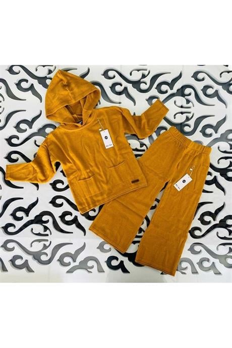 Kız Çocuk Kapüşonlu Cepli Sweatshirt Triko Pantolon 2'li Takım Hardal 6 Yaş