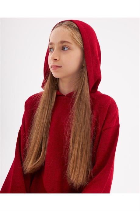 Kız Çocuk Kapüşonlu Cepli Sweatshirt Triko Pantolon 2'li Takım Kırmızı 12 Yaş