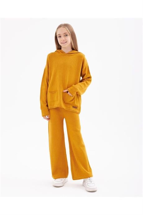 Kız Çocuk Kapüşonlu Cepli Sweatshirt Triko Pantolon 2'li Takım Hardal 8 Yaş