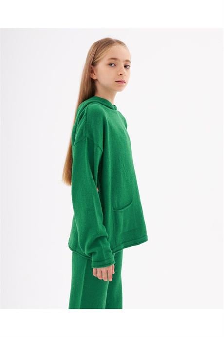 Kız Çocuk Kapüşonlu Cepli Sweatshirt Triko Pantolon 2'li Takım Yeşil 12 Yaş