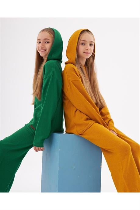 Kız Çocuk Kapüşonlu Cepli Sweatshirt Triko Pantolon 2'li Takım Yeşil 10 Yaş