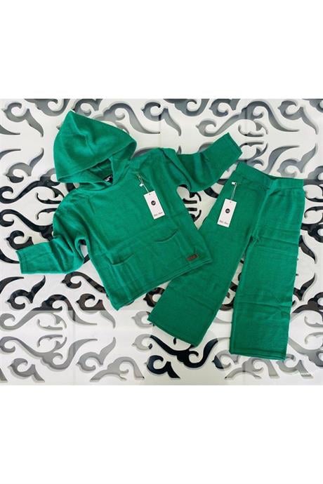 Kız Çocuk Kapüşonlu Cepli Sweatshirt Triko Pantolon 2'li Takım Yeşil 10 Yaş