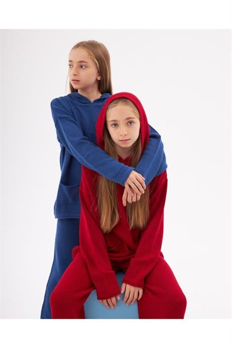 Kız Çocuk Kapüşonlu Cepli Sweatshirt Triko Pantolon 2'li Takım Saks 8 Yaş