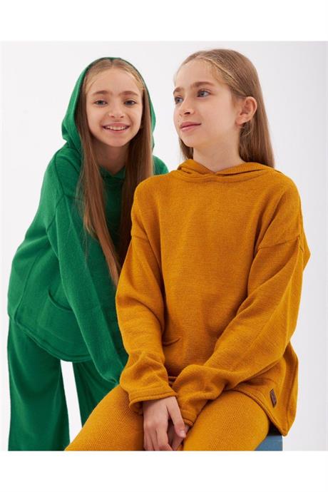 Kız Çocuk Kapüşonlu Cepli Sweatshirt Triko Pantolon 2'li Takım Yeşil 12 Yaş