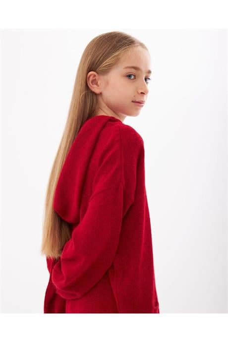 Kız Çocuk Kapüşonlu Cepli Sweatshirt Triko Pantolon 2'li Takım Kırmızı 8 Yaş