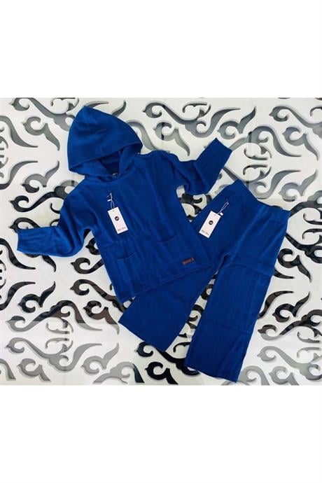 Kız Çocuk Kapüşonlu Cepli Sweatshirt Triko Pantolon 2'li Takım Saks 8 Yaş