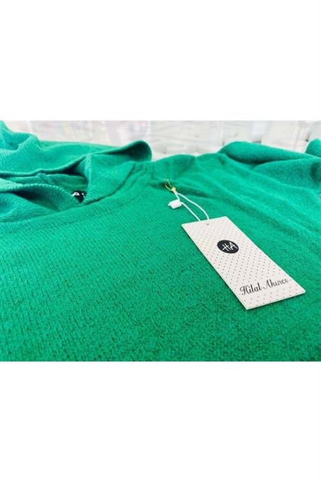 Kız Çocuk Kapüşonlu Cepli Sweatshirt Triko Pantolon 2'li Takım Yeşil 10 Yaş