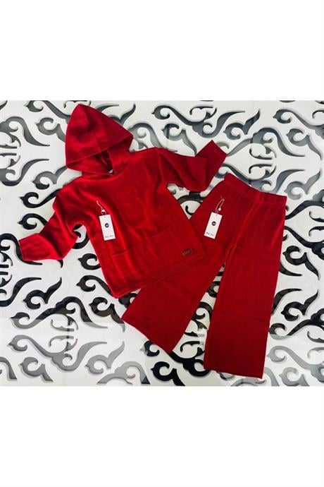 Kız Çocuk Kapüşonlu Cepli Sweatshirt Triko Pantolon 2'li Takım Kırmızı 8 Yaş
