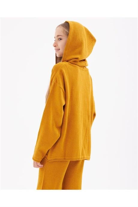 Kız Çocuk Kapüşonlu Cepli Sweatshirt Triko Pantolon 2'li Takım Hardal 12 Yaş