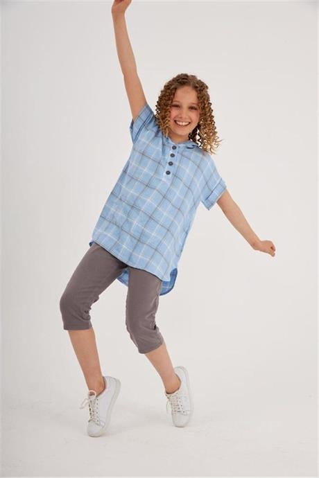 Kız Çocuk Kapüşonlu Kısa Kollu Gömlek Gri Kot Tayt 2'li Takım Mavi 14 Yaş
