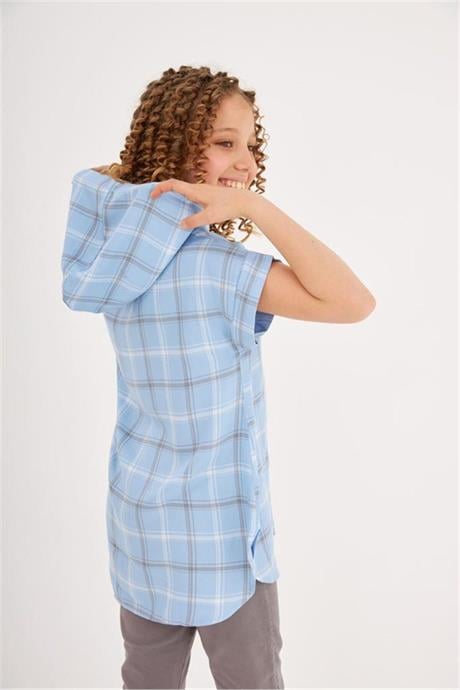 Kız Çocuk Kapüşonlu Kısa Kollu Gömlek Gri Kot Tayt 2'li Takım Mavi 10 Yaş