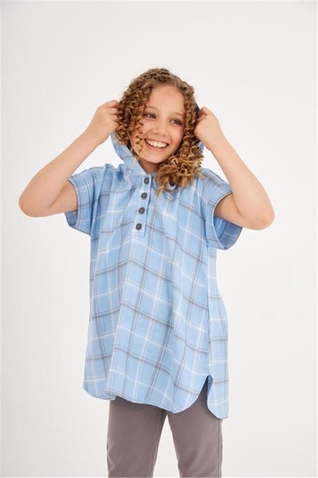 Kız Çocuk Kapüşonlu Kısa Kollu Gömlek Gri Kot Tayt 2'li Takım Mavi 10 Yaş