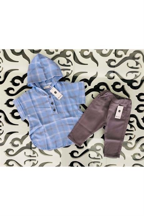 Kız Çocuk Kapüşonlu Kısa Kollu Gömlek Gri Kot Tayt 2'li Takım Mavi 8 Yaş
