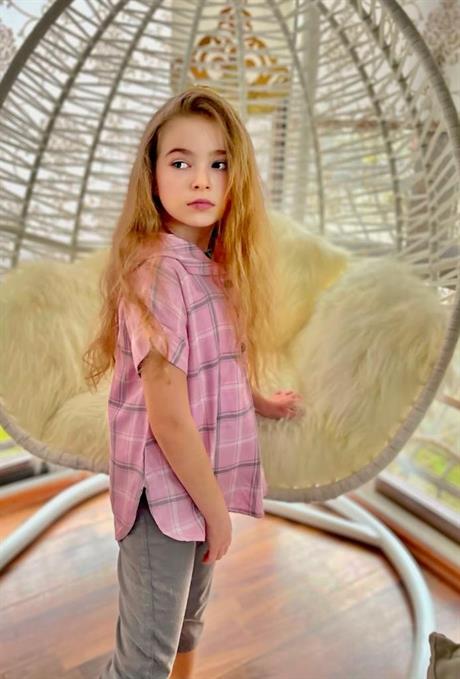 Kız Çocuk Kapüşonlu Kısa Kollu Gömlek Gri Kot Tayt 2'li Takım Pembe 10 Yaş