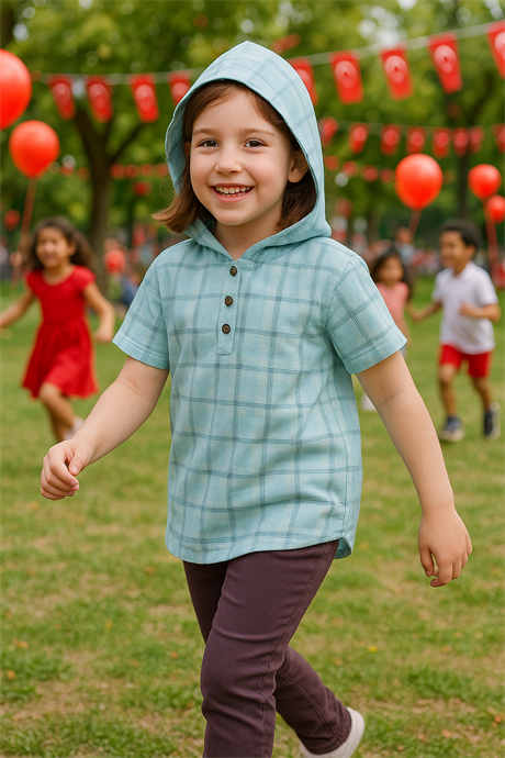Kız Çocuk Kapüşonlu Kısa Kollu Gömlek Gri Kot Tayt 2'li Takım Turkuaz 6 Yaş