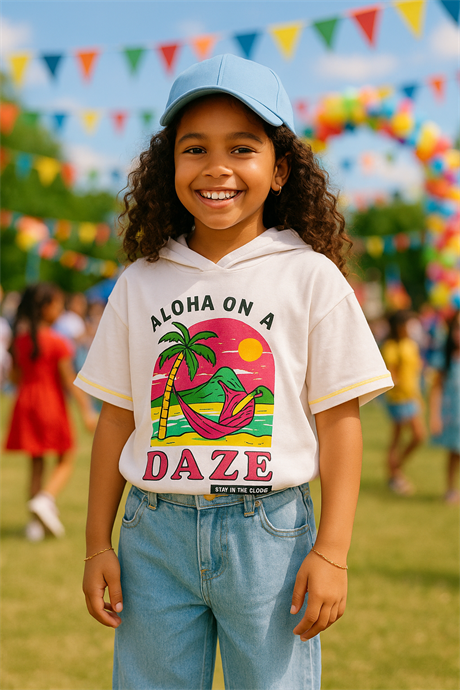 Kız Çocuk Kapüşonlu Mantar Baskılı Tişört Kot Pantolon Mavi Şapka 3'lü Takım Fuşya 10 Yaş