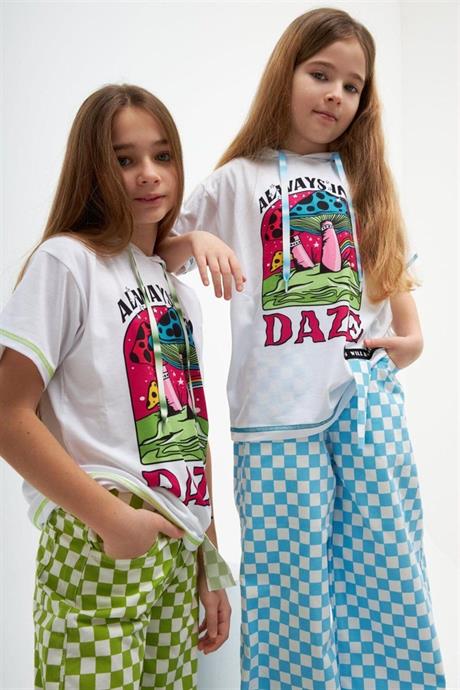 Kız Çocuk Kapüşonlu Mantar Baskılı Tişört Damalı Fuşya Kot Pantolon 2'li Takım MAVİ 4 Yaş