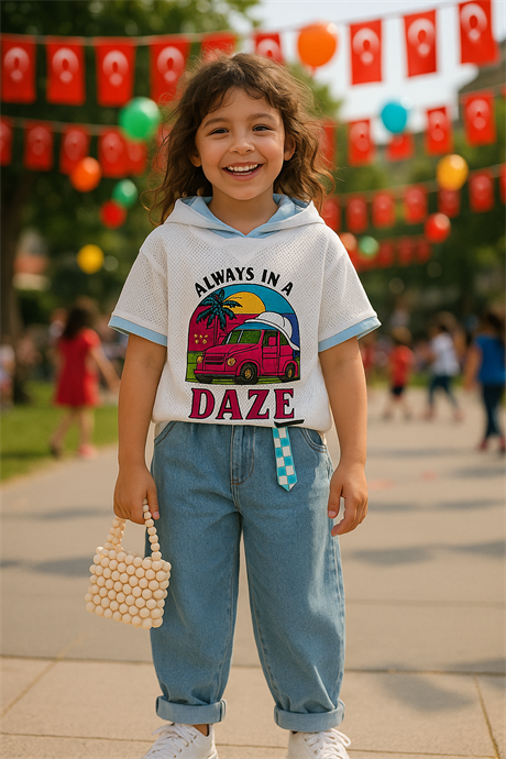 Kız Çocuk Kapüşonlu Mantar Baskılı Tişört Kot Pantolon Mavi Şapka 3'lü Takım Mavi 10 Yaş