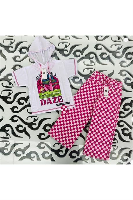 Kız Çocuk Kapüşonlu Mantar Baskılı Tişört Damalı Fuşya Kot Pantolon 2'li Takım FUŞYA 10 Yaş