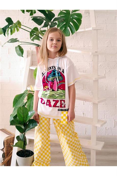 Kız Çocuk Kapüşonlu Mantar Baskılı Tişört Damalı Fuşya Kot Pantolon 2'li Takım SARI 14 Yaş