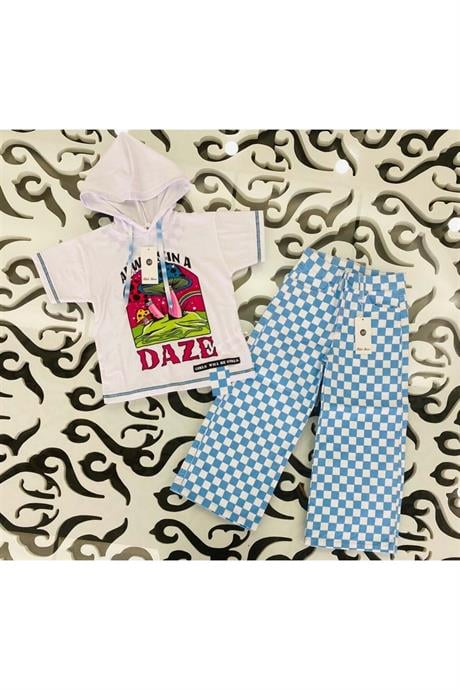 Kız Çocuk Kapüşonlu Mantar Baskılı Tişört Damalı Fuşya Kot Pantolon 2'li Takım MAVİ 14 Yaş