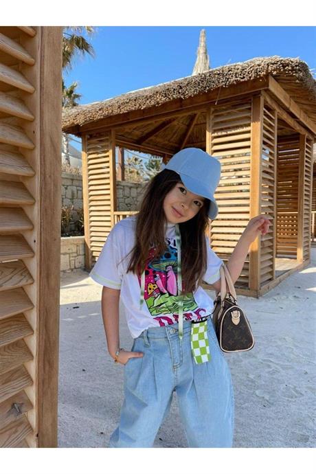 Kız Çocuk Kapüşonlu Mantar Baskılı Tişört Kot Pantolon Mavi Şapka 3'lü Takım Yeşil 8 Yaş