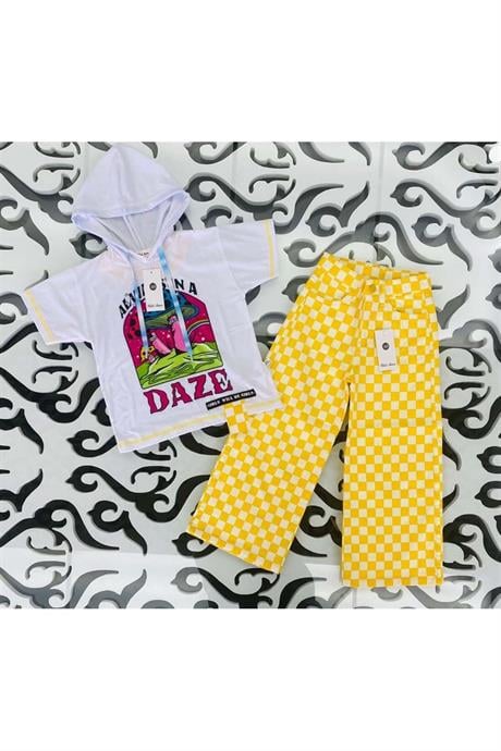 Kız Çocuk Kapüşonlu Mantar Baskılı Tişört Damalı Fuşya Kot Pantolon 2'li Takım SARI 8 Yaş