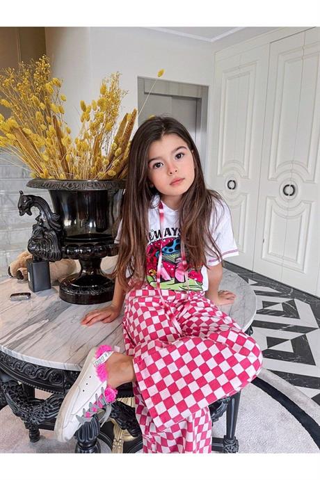 Kız Çocuk Kapüşonlu Mantar Baskılı Tişört Damalı Fuşya Kot Pantolon 2'li Takım FUŞYA 10 Yaş