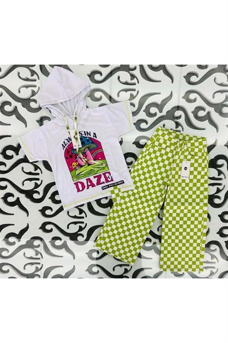 Kız Çocuk Kapüşonlu Mantar Baskılı Tişört Damalı Fuşya Kot Pantolon 2'li Takım YEŞİL 6 Yaş