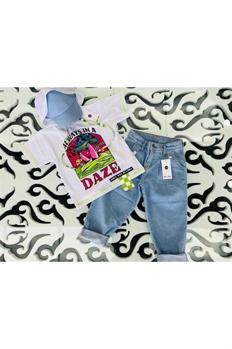 Kız Çocuk Kapüşonlu Mantar Baskılı Tişört Kot Pantolon Mavi Şapka 3'lü Takım Yeşil 4 Yaş