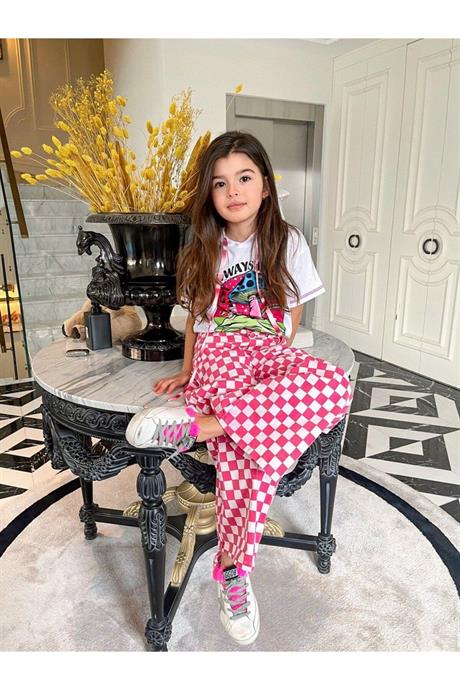 Kız Çocuk Kapüşonlu Mantar Baskılı Tişört Damalı Fuşya Kot Pantolon 2'li Takım FUŞYA 4 Yaş