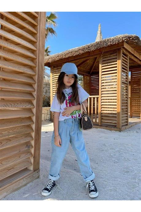 Kız Çocuk Kapüşonlu Mantar Baskılı Tişört Kot Pantolon Mavi Şapka 3'lü Takım Yeşil 4 Yaş